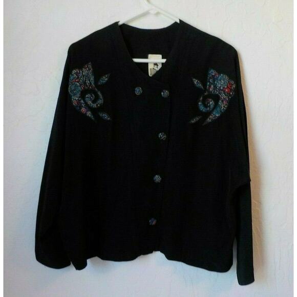 Vintage Fantazia Black Button Up Blouse Women size Large Floral Buttons Rayon - Picture 9 of 9